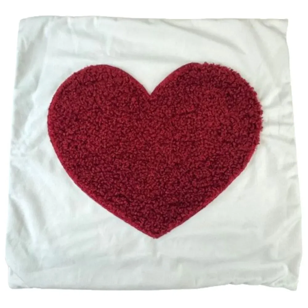 Pottery Barn Off White Cozy Teddy Red Heart Pocket Pillow Cover Boucle 18x18